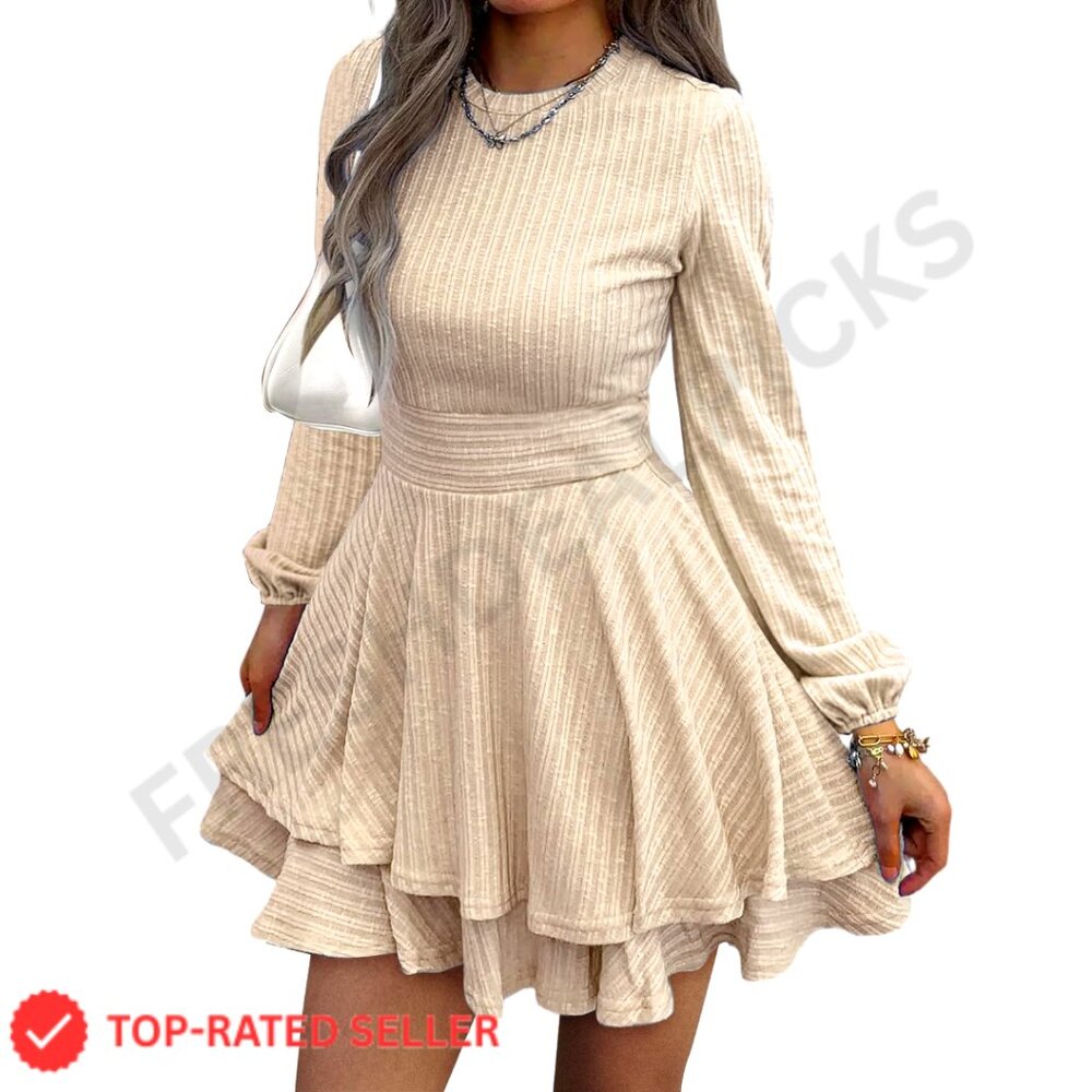 Long Sleeve Knit Dress Lantern Sleeve Crewneck Ruffle Flare A-Line Mini - Picture 1 of 7